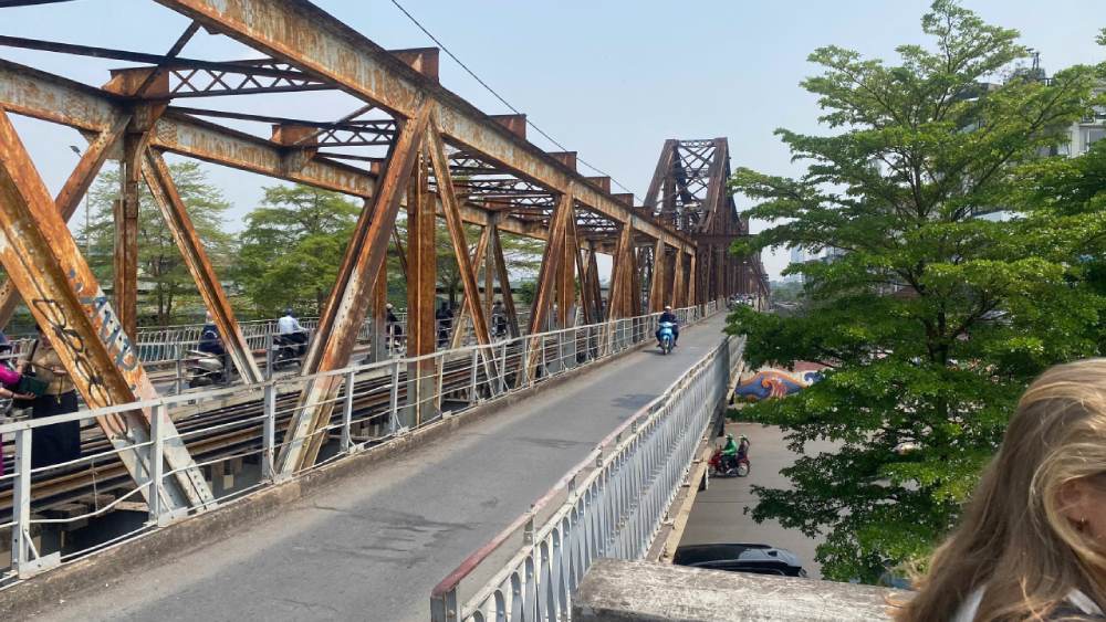 Historic Long Bien Bridge view during a Hanoi walking tour across the Red River