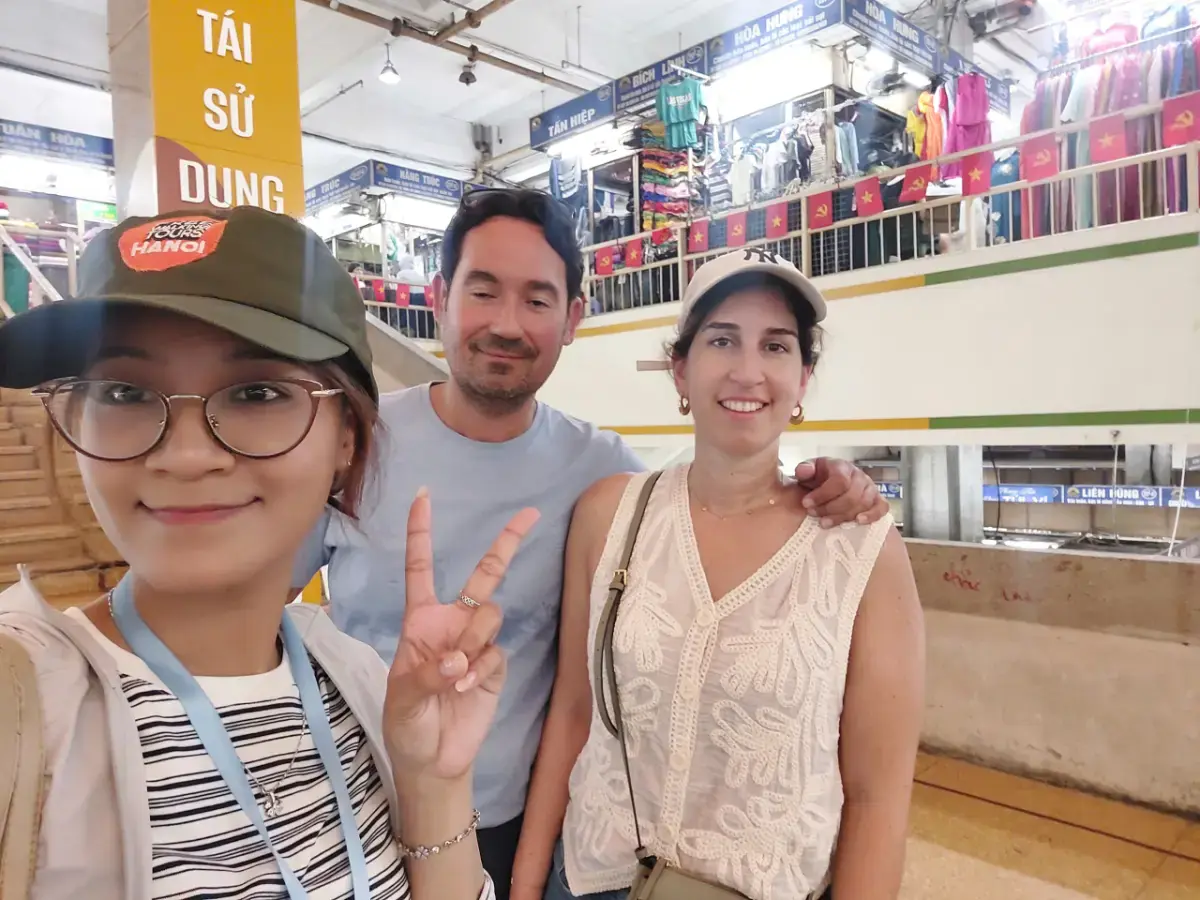 Dutch traveller Burcu with guide Hannah exploring Dong Xuan Market and Hanoi Old Quarter on an afternoon walking tour.