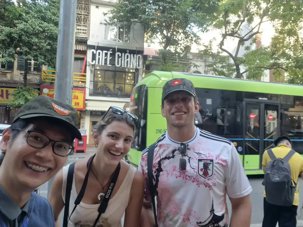 Guide Julio leading Elena Fuentes Merino from Spain on a Hanoi City Highlights Walking Tour.